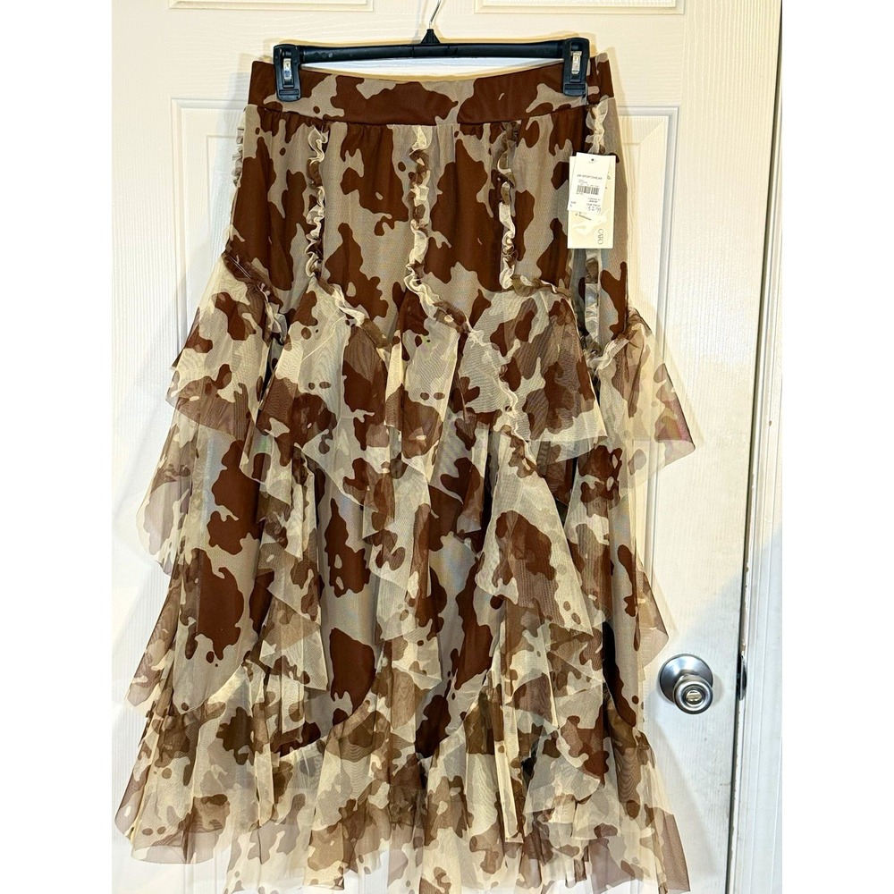 NWT Cato Brown Beige Rodeo Western Animal Print Long Ruffle Tulle Skirt Size L